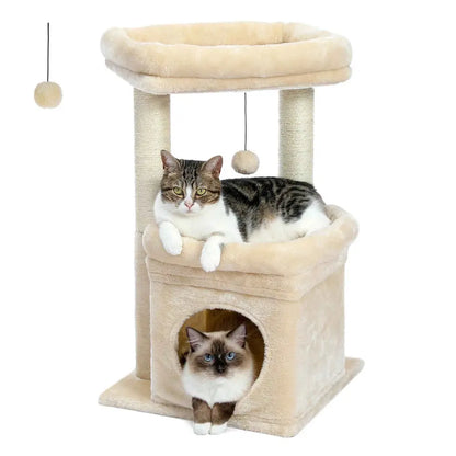 Tour à griffer en peluche beige, plateforme, poteaux à griffer et boule suspendue.