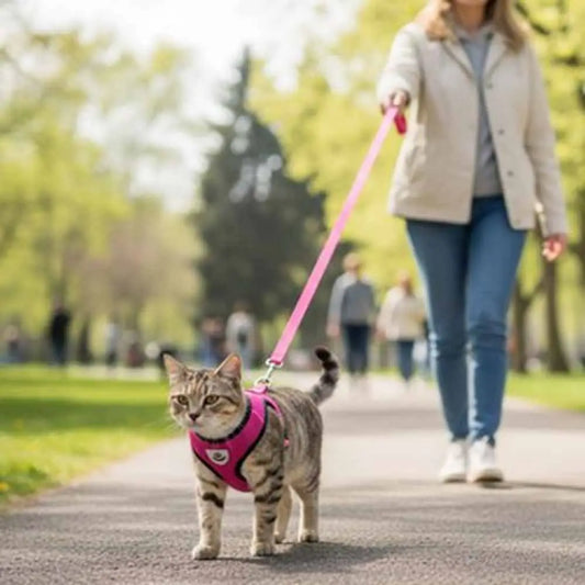 Harnais pour chat rose, sangle réglable et attache avec détail réfléchissant