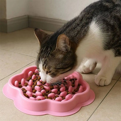 Gamelle anti-glouton pour chat FeliFlex rose à picots, croquettes visibles, chat tigré.