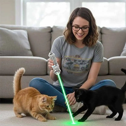 Jouet interactif pour chat : lanceur laser à main, faisceau vert sur deux chats