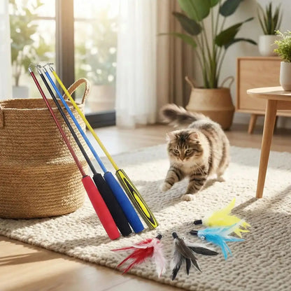 Canne à pêche pour chat, lot de cannes colorées avec plumes et lanières au bout