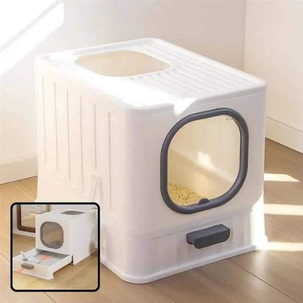 Bac à litière pour chat Ultra-Resist blanc, hublot ovale gris foncé, couvercle ajouré.