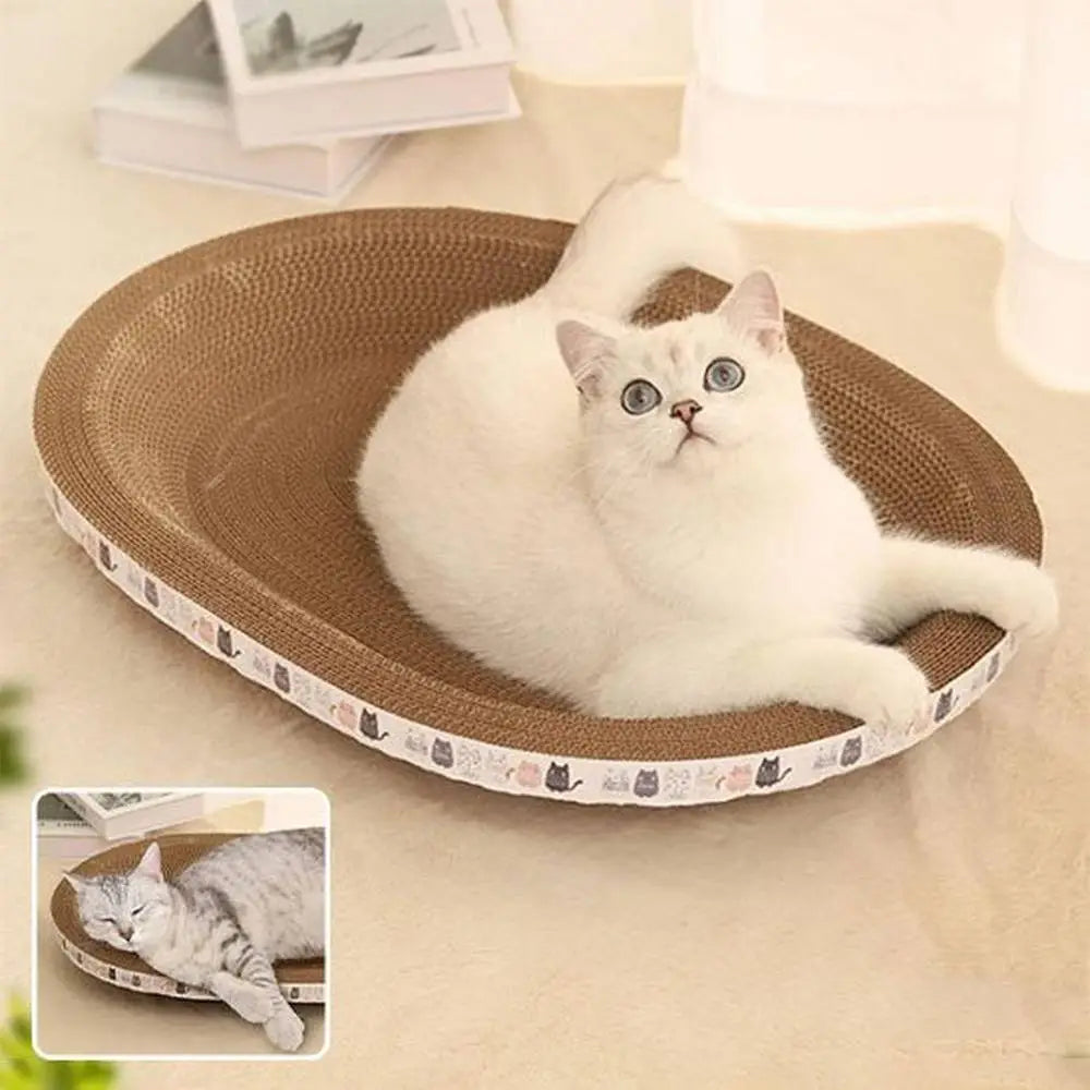 Griffoir pour chat en forme de bol, vue inclinée, sisal brun, bord imprimé.