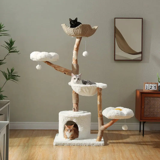 Arbre à chat avec hamac en sisal et plateformes moelleuses blanches