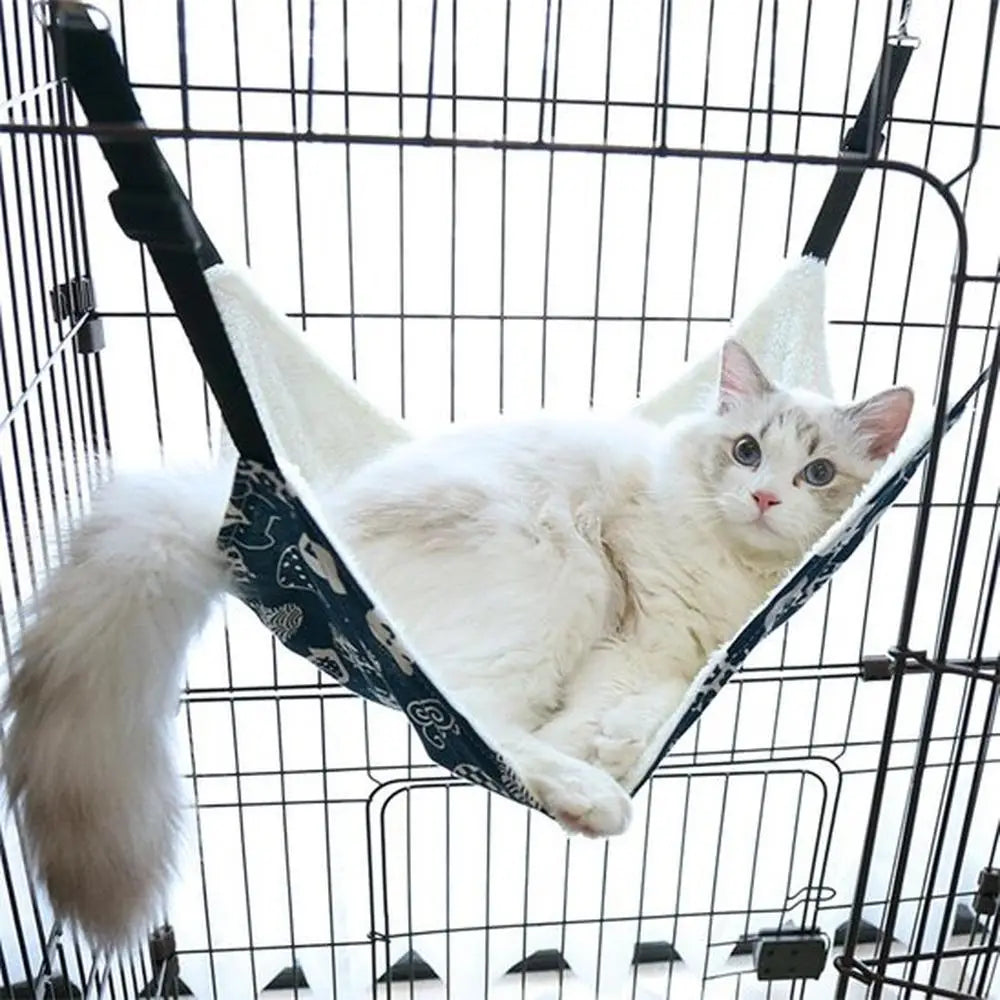 Hamac pour chat beige à bordures noires, coussin intérieur doux, sangles d’attache