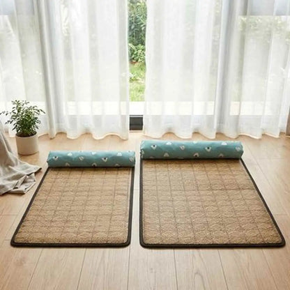 Deux tapis rafraîchissants pour chat rectangulaires bruns avec bords noirs et coussins bleus