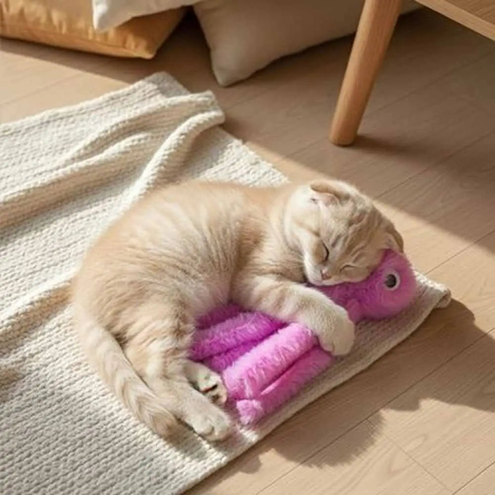 Peluche pieuvre interactive violette, tenue près d’un chat crème sur un tapis