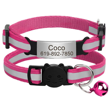 Collier chat rose et gris avec plaque « Coco » et clochette