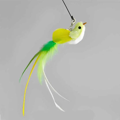 Baguette de jeu interactive pour chat avec oiseau vert et jaune à plumes