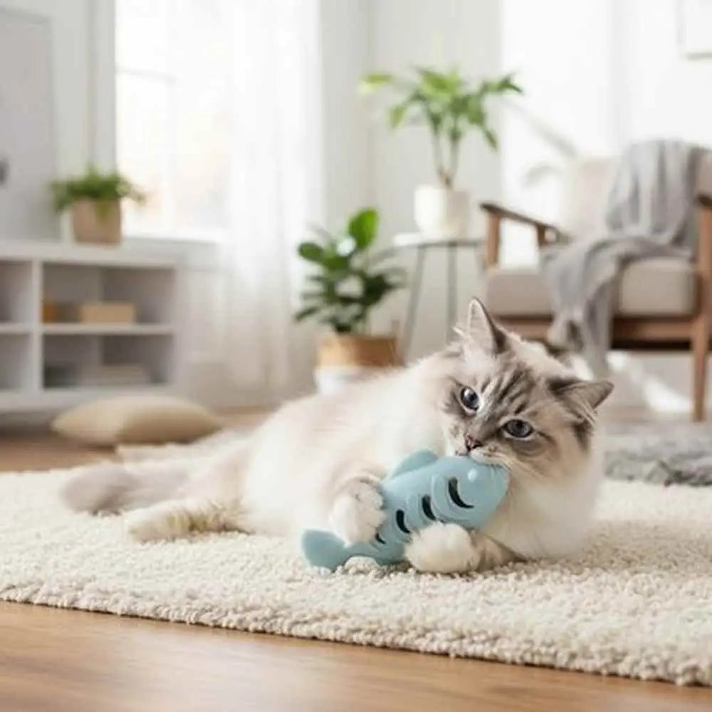 Poisson jouet distributeur de friandises pour chat, poisson bleu.