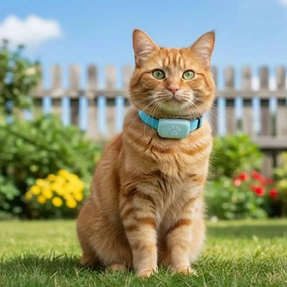 Collier GPS pour chat bleu sur chat roux, assis dans l’herbe devant une clôture.