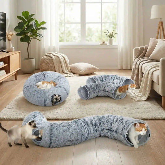 Jouet pour chat en peluche grise, tunnel courbé avec ouverture pour se blottir