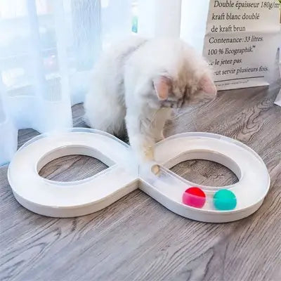 Jouet pour chat double boucle blanche avec pions rouges et verts sur sol bois
