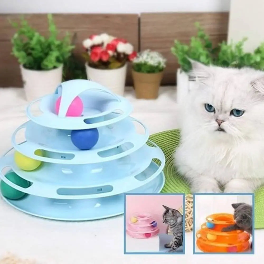 Jouet pour chat circuit de balles 3 niveaux bleu clair avec billes colorées sur 3 niveaux