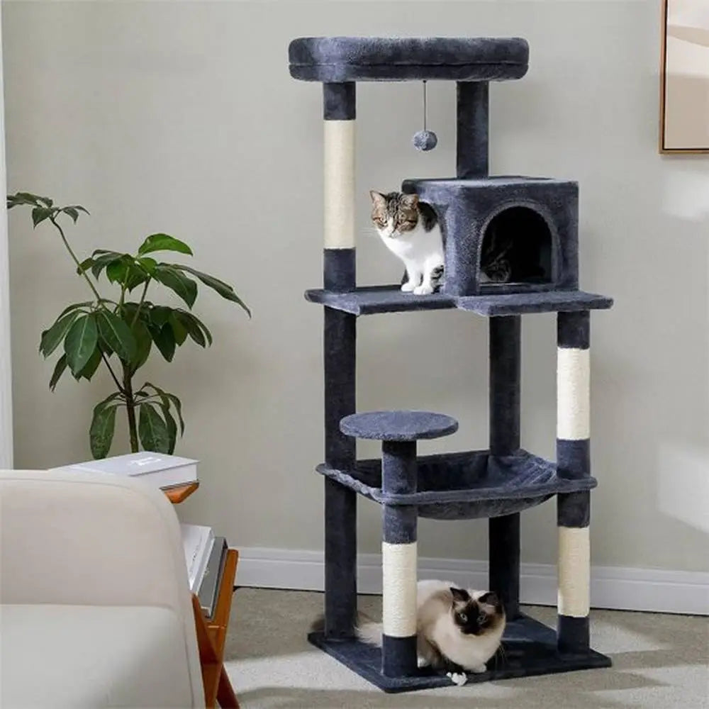 Arbre à chat compact multi-niveaux gris : niche rectangulaire, plateformes et griffoir arche