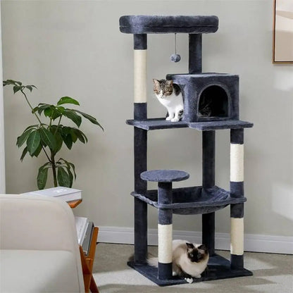 Arbre à chat compact multi-niveaux gris : niche rectangulaire, plateformes et griffoir arche