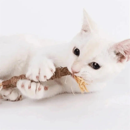 Bâton à mâcher PurrStick™ en corde beige, tenu par un chat blanc.