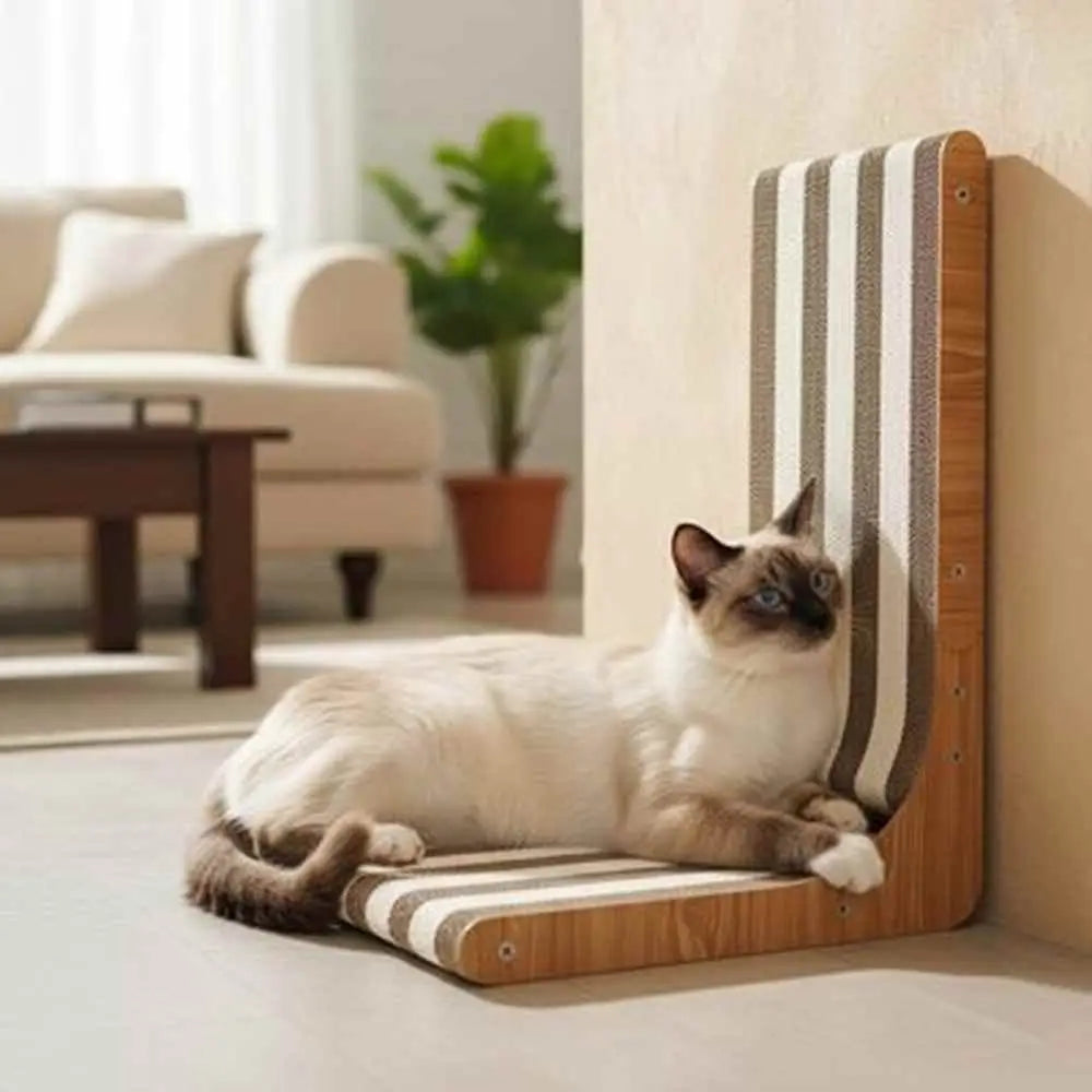 Griffoir pour chat en bois rectangulaire à rayures, chat blanc couché dessus.