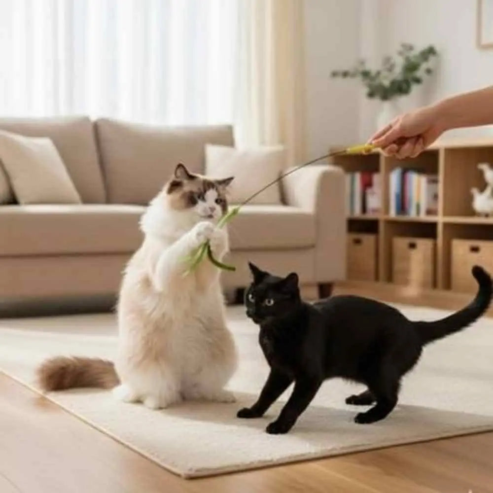 Jouet pour chat interactif au bout d’une ficelle, plumes vertes