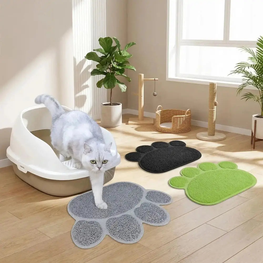 Tapis de litière pour chat en forme de pattes, gris et vert, lot de 3