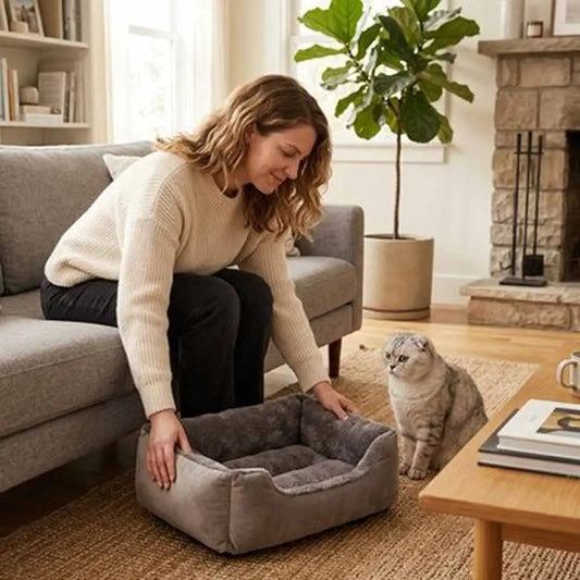 Panier pour chat en tissu gris, bord surélevé et coussin intérieur douillet.