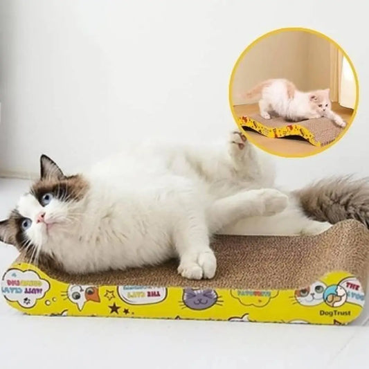 Griffoir pour chat au design moderne : plateforme à gratter grise et bord jaune imprimé