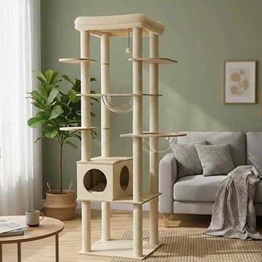 Arbre à chat en bois naturel avec plateformes et cordages, hamac suspendu