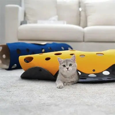 Tunnel pliable pour chat jaune et bleu, ouvertures sur le côté.
