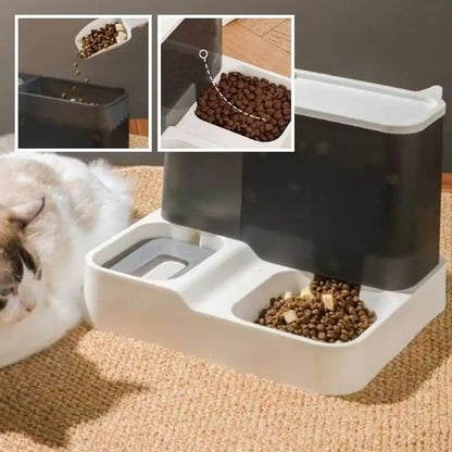 Distributeur de croquettes pour chat blanc, croquettes au bol, chat à l’avant.