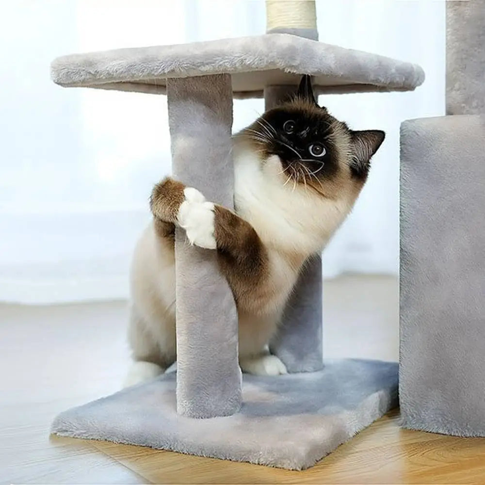 Arbre à chat compact gris, poteau central et plateforme ronde, avec boule suspendue