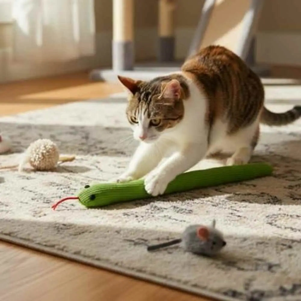 Serpent jouet pour chat vert en tissu côtelé, museau avec petites bosses et ficelle.