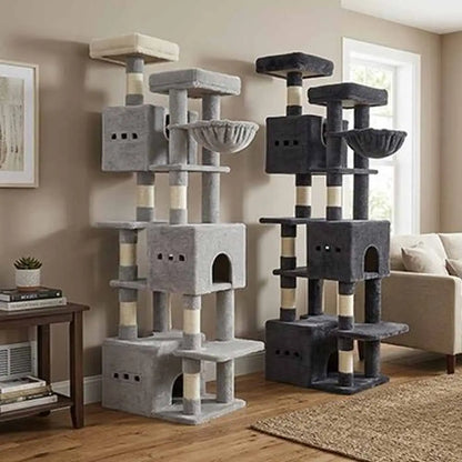 Arbre à chat gris clair et gris foncé : plateformes, poteaux à griffer et hamac suspendu.