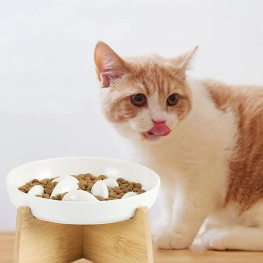 Gamelle anti-glouton pour chat DigestPro : bol blanc sur socle en bois