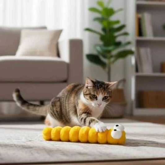 Jouet pour chat chenille en peluche jaune, segments et petite tête blanche.