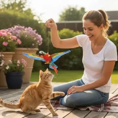 Jouet pour chat en forme d’oiseau multicolore bleu, rouge et vert