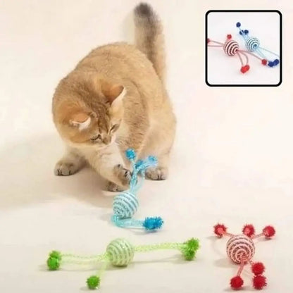 Jouet pour chat StimuCat Interactif, corde à macher bleue avec balle rayée et pompons
