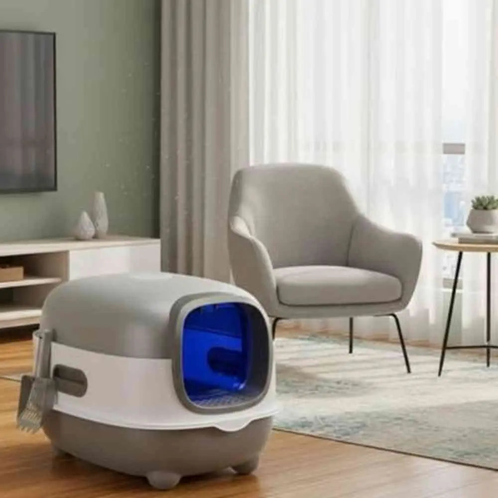 Bac à litière pour chat blanc/gris clair, entrée ronde bleue, pelle à l’extérieur