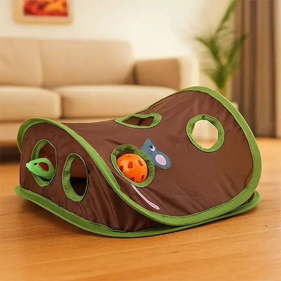 Tente de jeu pour chat brune et verte avec 3 ouvertures et jouet souris coloré