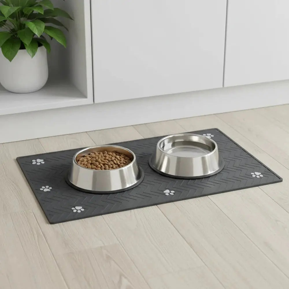 Tapis de gamelle pour chat absorbant et antidérapant gris foncé avec motifs pattes