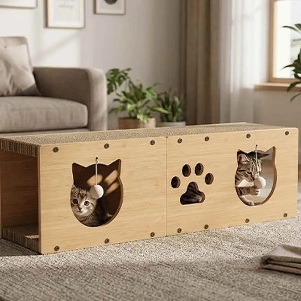 Griffoir pour chat en bois clair, vue latérale, trois ouvertures avec grelots et empreintes de pattes