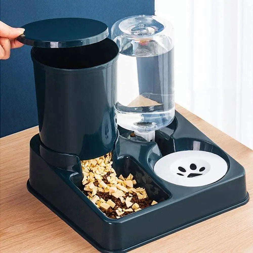 Distributeur de croquettes pour chat bleu foncé, trémie et bol rond à motif patte