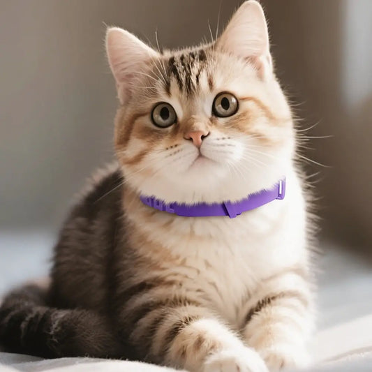 Collier anti-stress pour chat, tour de cou violet à pastilles, avec attache grise.