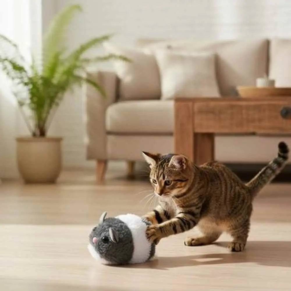 Jouet en peluche pour chaton, souris grise à yeux ronds et museau rose