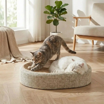 Griffoir ovale 2-en-1 en tissu gris, corbeille basse pour chat avec assise ronde