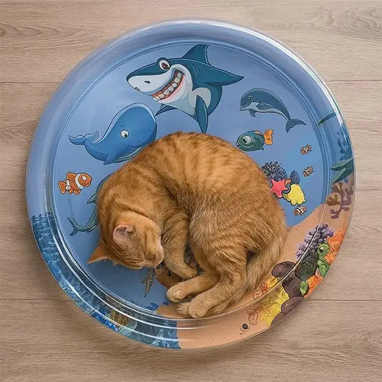 Jouet pour chat InteractiFelis rond bleu, imprimé requins et poissons, anneau transparent
