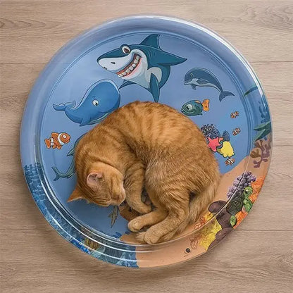 Jouet pour chat InteractiFelis rond bleu, imprimé requins et poissons, anneau transparent