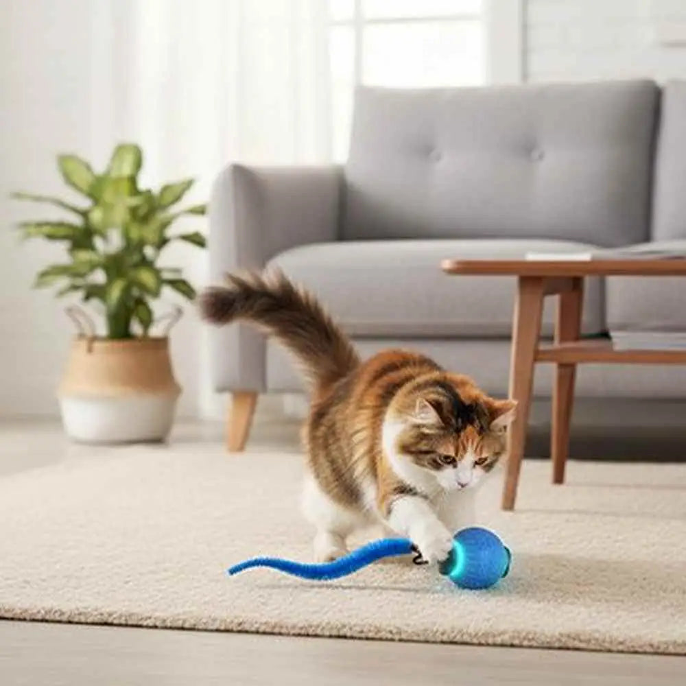 Balle interactive de chat Autonome bleue, queue souple lumineuse