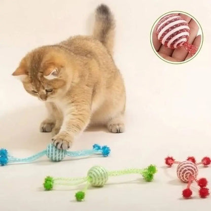 Jouet pour chat StimuCat Interactif, corde à macher bleue avec balle rayée et pompons
