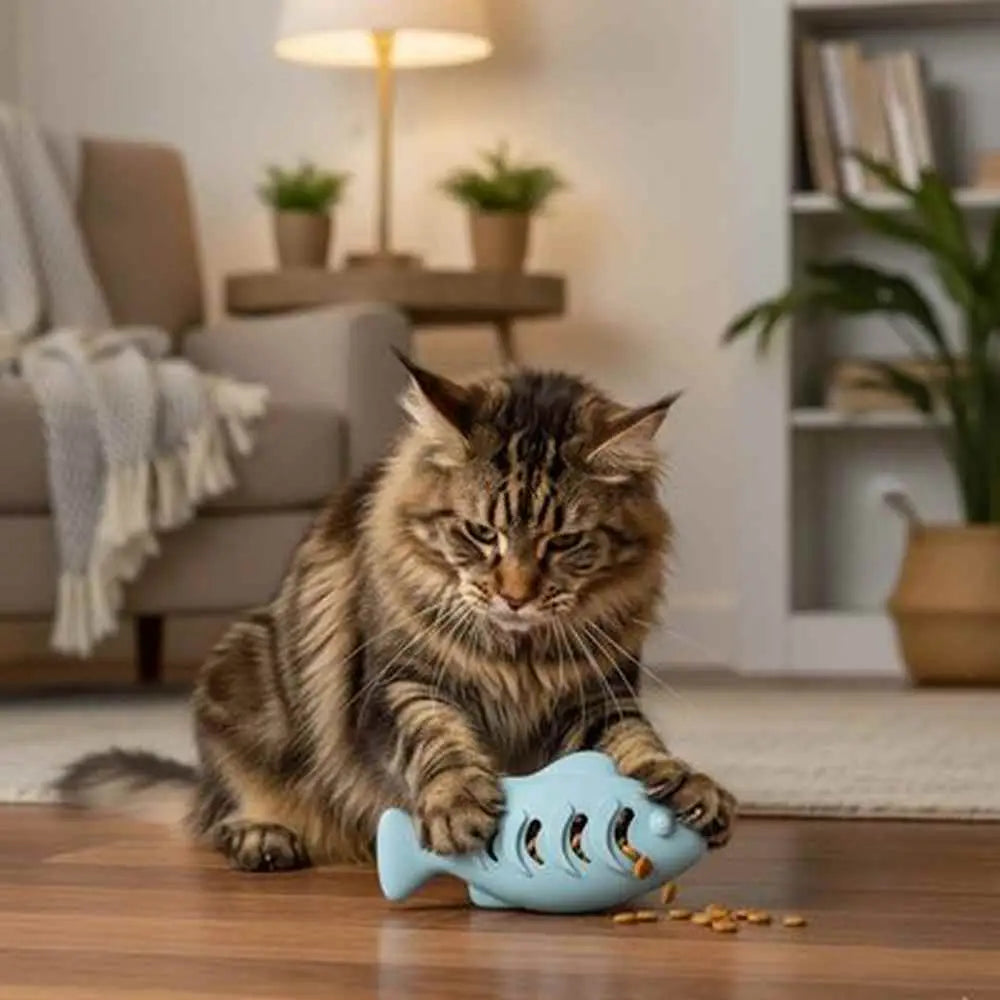 Jouet poisson distributeur de friandises pour chat, poisson bleu sur sol.