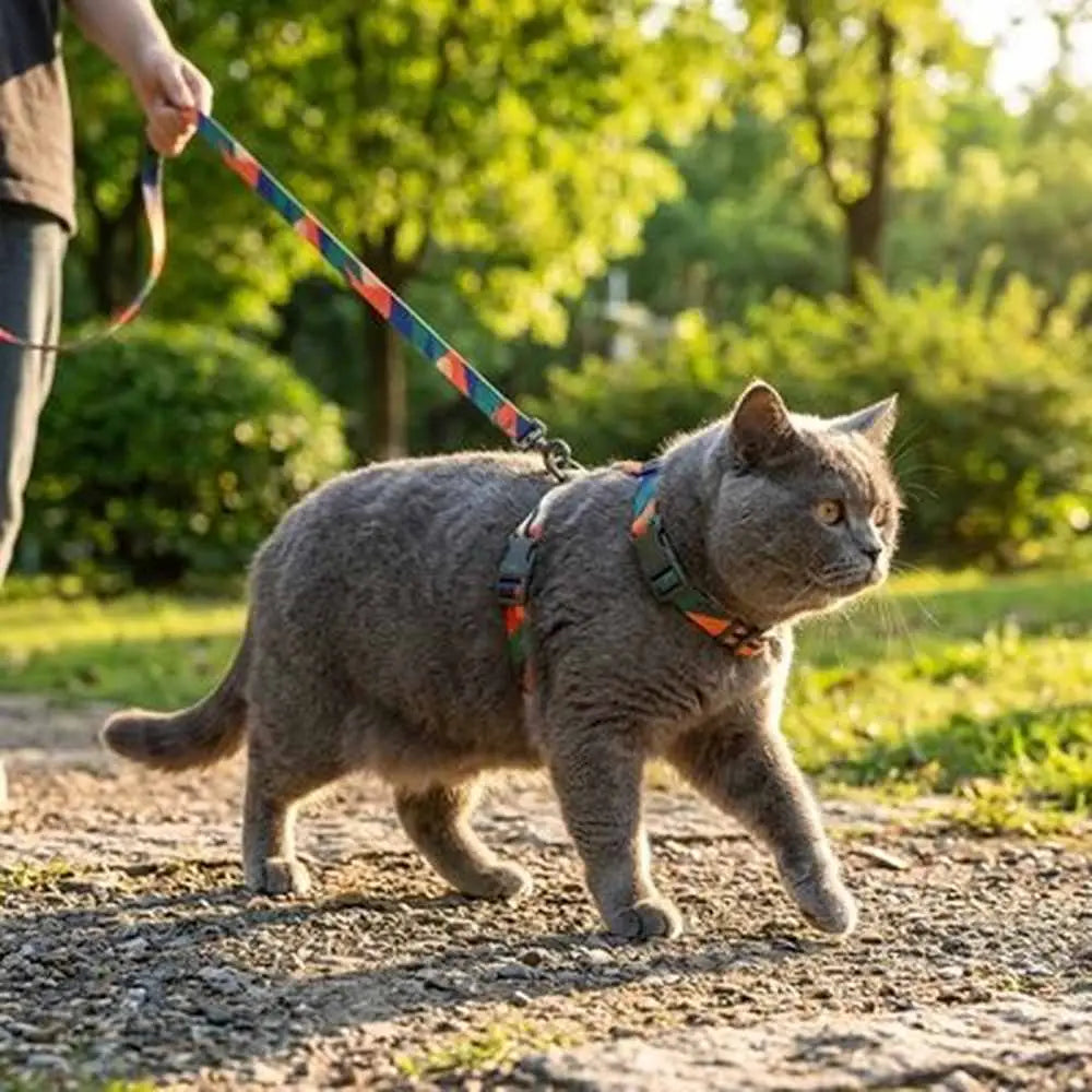 Harnais pour chat multicolore sur chat gris, avec laisse à rayures